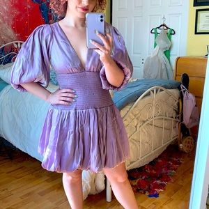 🔮 Purple Iridescent Puff Sleeve Balloon Hem Party Dress 🔮